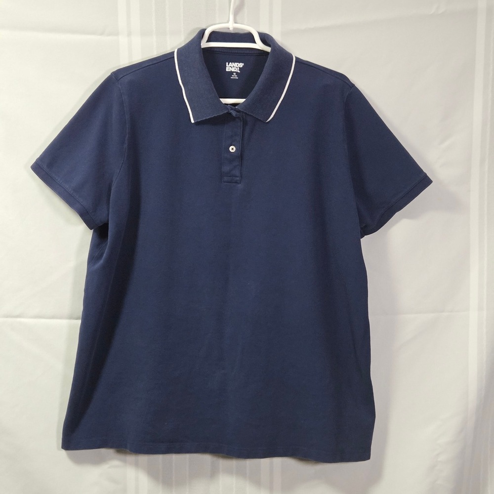 Lands End Polo Shirt Womens 1X Navy Blue Tipped Collar Short Sleeve Pique Knit